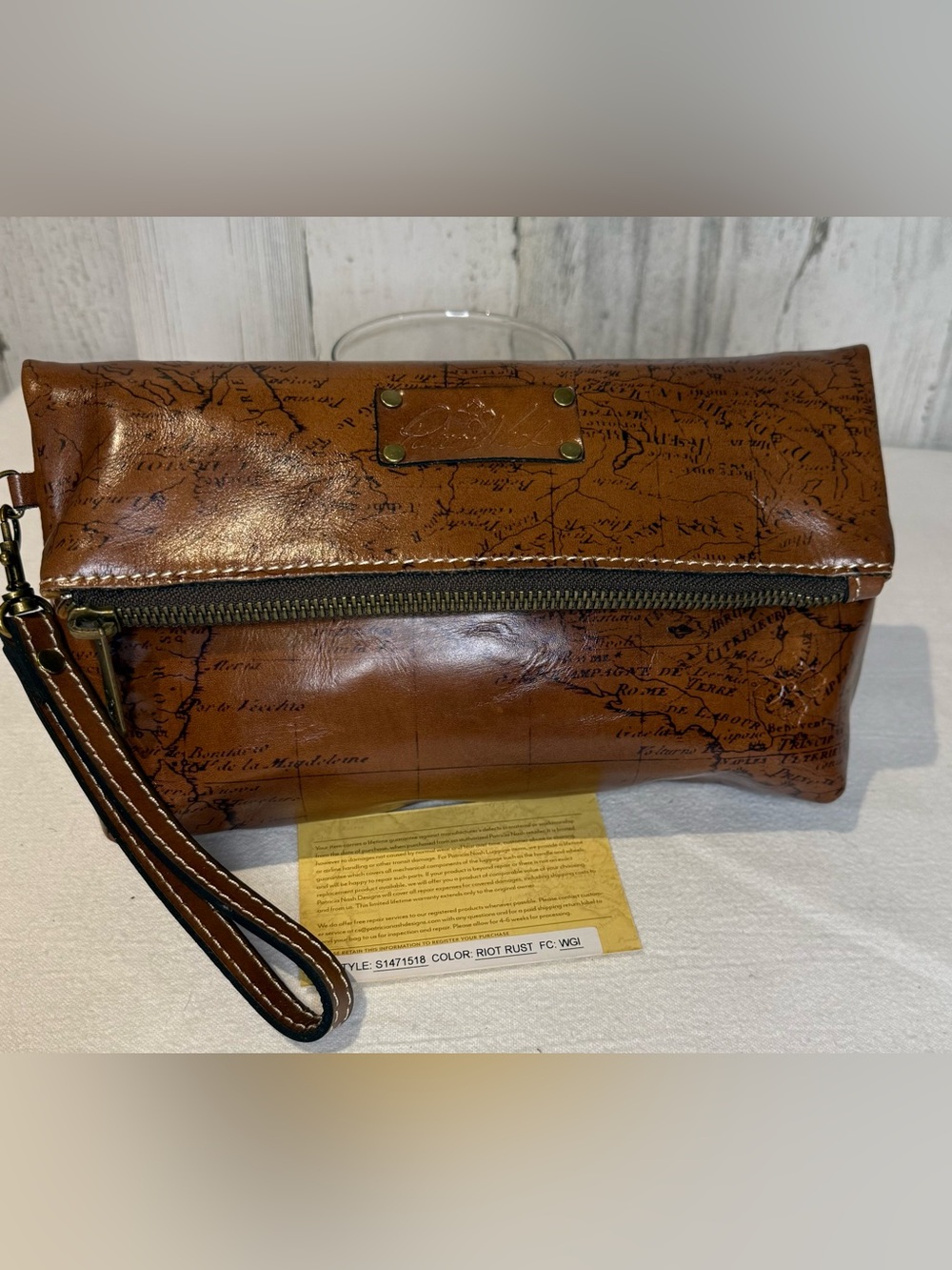 Patricia Nash Valerie Fold Over Map-Print Leather Wristlet Clutch